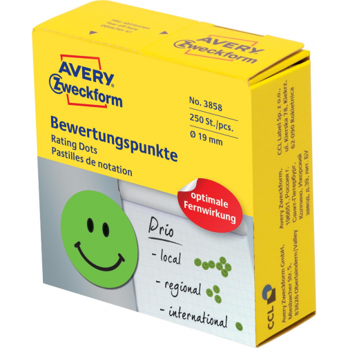 Avery rating dots, diamètre 19 mm, rouleau avec 250 pièces, smiley, vert