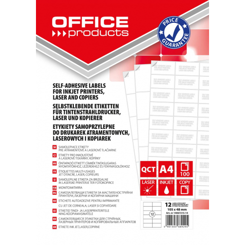 OFFICE products étiquettes, blanc, coins carrés, 100 feuilles, 105 x 48 mm, 12 étiquettes par feuille