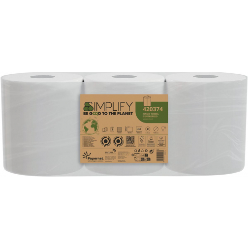 Papernet essuie-mains en papier Simplify Centerfeed, 2 plis, 90 mètres,450 feuilles,paquet de 3 rouleaux