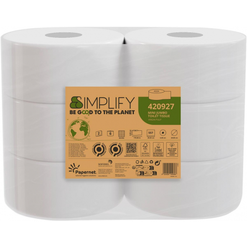 Papernet papier toilette Simplify Mini Jumbo, 2 plis, 557 feuilles, paquet de 6 rouleaux