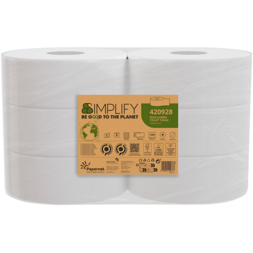 Papernet papier toilette Simplify Maxi Jumbo, 2 plis, 1305 feuilles, paquet de 6 rouleaux