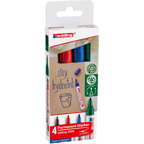 Edding marqueur permanent 3000, couleurs assorties, blister de 4 pièces