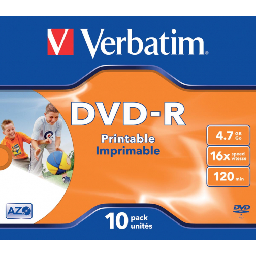 Verbatim DVD enregistrable DVD-R, imprimable, boîte de 10 pièces, emballées individuellement (Jewel Case)