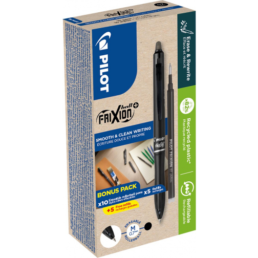 Pilot FriXion Ball Plus roller, moyen, noir, boîte de 10 pièces + 10 recharges