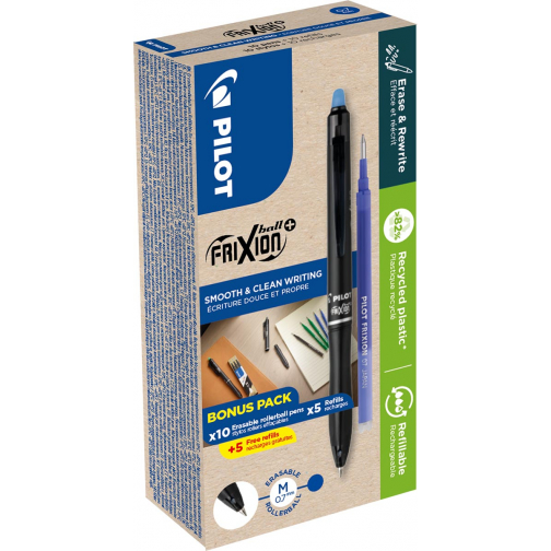 Pilot FriXion Ball Plus roller, moyen, bleu, boîte de 10 pièces + 10 recharges