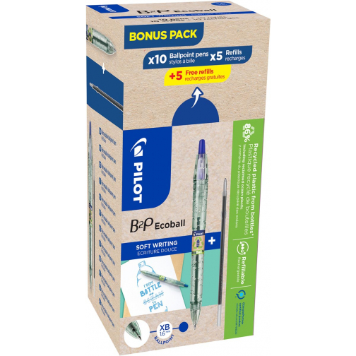 Pilot Ecoball B2P BeGreen stylo bille, large, bleu, boîte de 10 pièces + 10 recharges