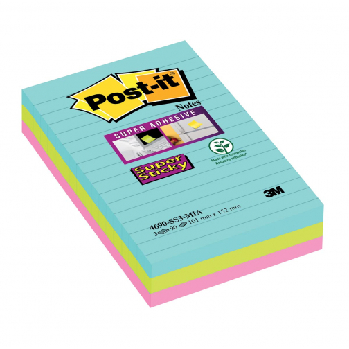 Post-it Super Sticky Notes XXL Cosmic, 90 feuilles, ft 101 X 152 mm, ligné, couleurs assorties, paquet de
