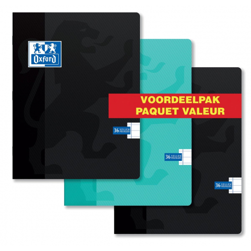 Oxford School cahier, ft A5, 72 pages (36 feuilles), avec marge, ligné, paquet de 3 pièces, couleurs asso