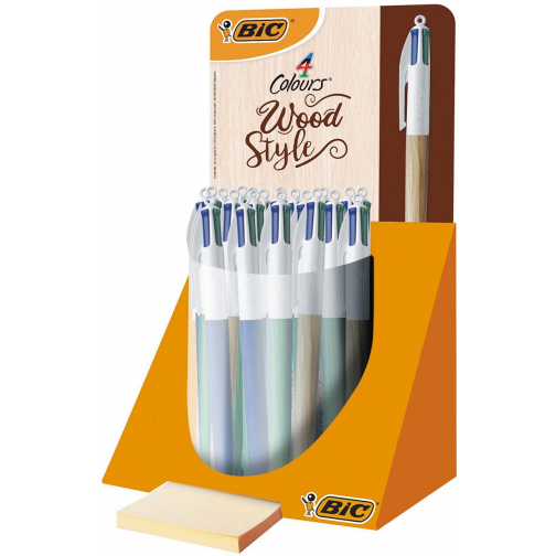Bic 4 Colours Wood stylo bille 4 couleurs, moyen, 4 couleurs d'encre classique, présentoir de 30 pièces