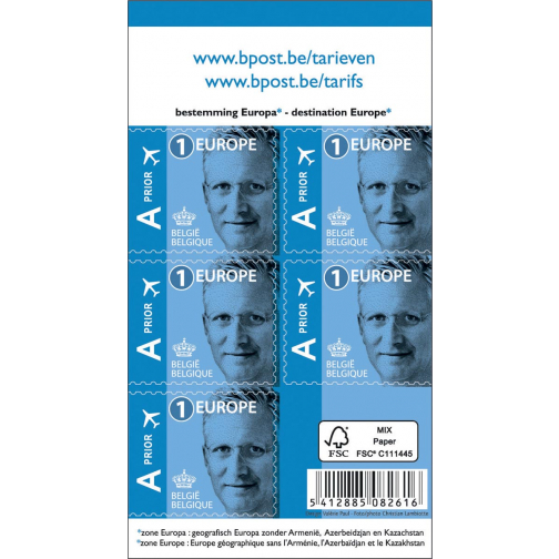 BPost timbre tarif 1 Europe, Roi Philippe, blister de 50 pièces, prior
