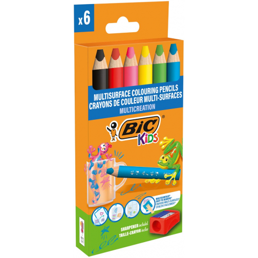 Bic Kids crayon de couleur Multi-Surfaces, assorti, étui de 6 pièces + broyeur