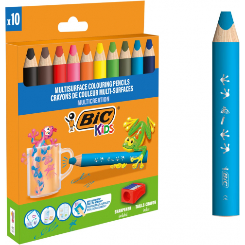 Bic Kids crayon de couleur Multi-Surfaces, assorti, étui de 10 pièces + broyeur