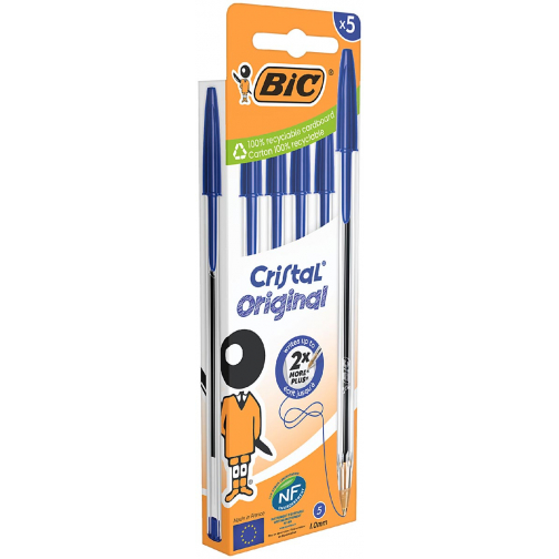 Bic stylo bille Cristal medium, bleu, blister de 5 pièces