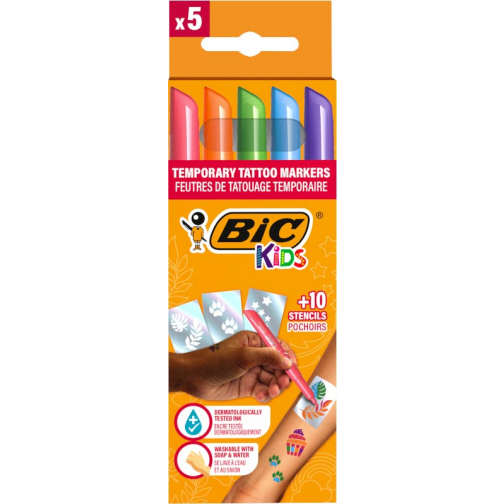 Bic Kids kit de marqueurs de tatouage, assorti, set de 5 stylos et 10 pochoirs