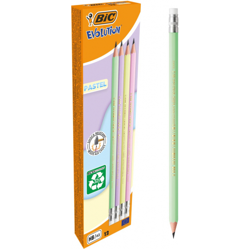 Bic crayon graphite Evolution Pastel HB avec gomme, boîte de 12 pièces, assorti