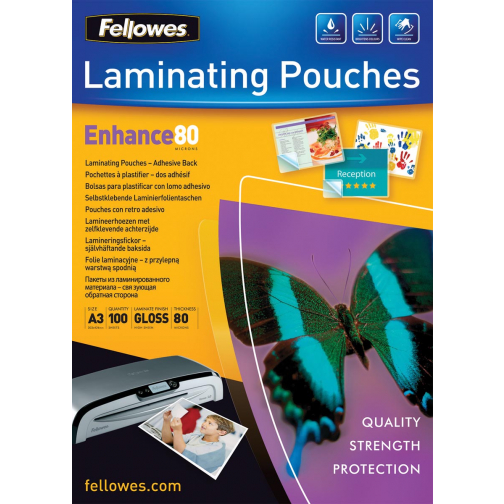 Fellowes pochette à plastifier Enhance80 auto-adhésif ft A3, 160 microns (2 x 80 microns), paquet de 100