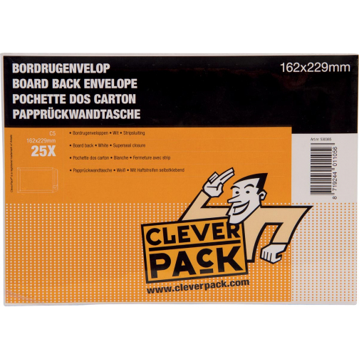Cleverpack bordrugenveloppen, ft 162 x 229 mm, avec bande adhésive, blanc, paquet de 25 pièces