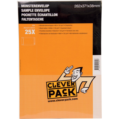 Cleverpack pochettes échantillons, ft 262 x 371 x 38 mm, avec bande adhésive, blanc, paquet de 25 pièces