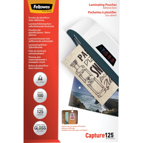 Fellowes pochette à plastifier Capture125 ft A4, 250 microns (2 x 125 microns), paquet de 100, auto-adhés