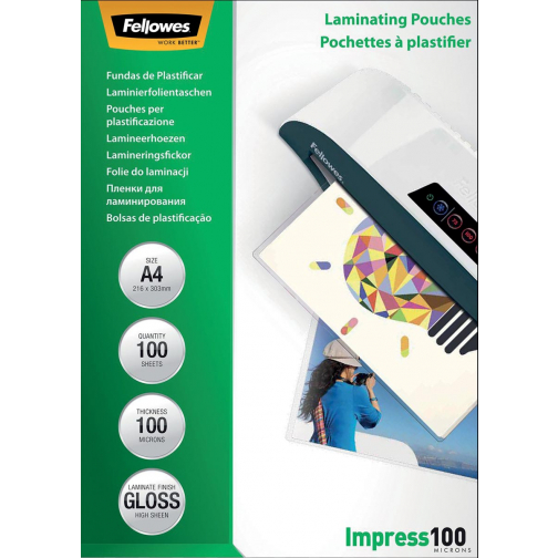 Fellowes pochette à plastifier Impress100, ft A4, 200 microns (2 x 100 microns), paquet de 100 pièces