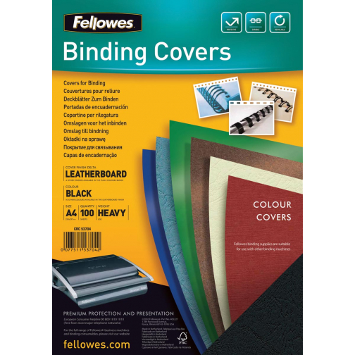 Fellowes couvertures, ft A4, carton grain cuir, 250 micron, paquet de 100 pièces, noir