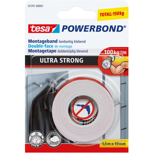 Tesa Powerbond double face de montage Ultra Strong, ft 19 mm x 5 m, blanc, sous blister