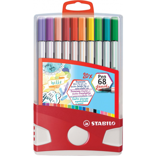 STABILO Pen 68 brush, ColorParade, boîte rouge-gris, 20 pièces en couleurs assorties