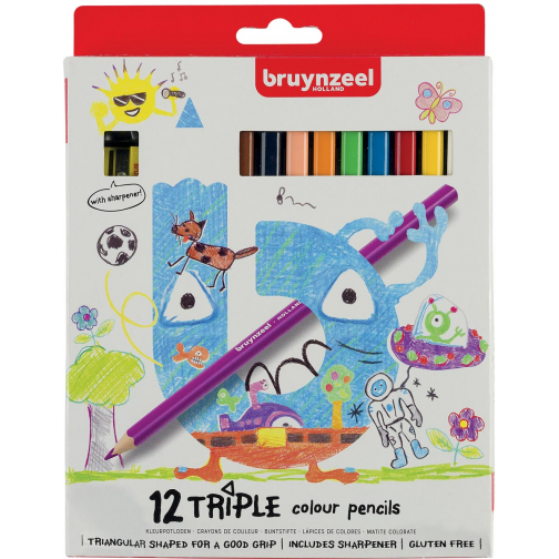 Bruynzeel Kids crayons de couleur Triple, blister de 12 couleurs assorties