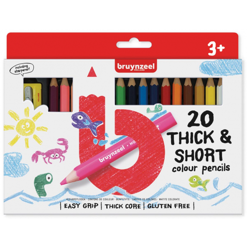 Bruynzeel Kids crayons de couleur courts et épais, set de 20 pièces en couleurs assorties