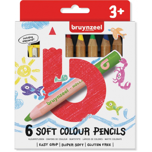 Bruynzeel Kids crayons de couleur douces, set de 6 pièces en couleurs assorties
