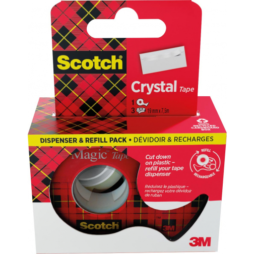 Scotch Crystal Tape ruban adhésif ft 19 mm x 7,5 m, dérouleur + 3 rouleaux, boîte brochable