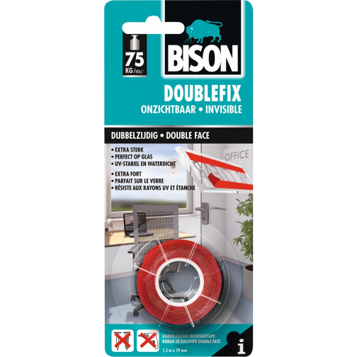Bison ruban adhésif double face, ft 19 mm x 1,5 m, transparant