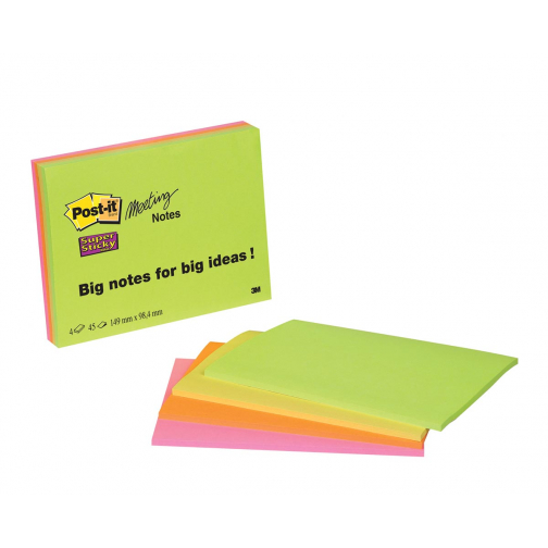 Post-It Super Sticky Meeting notes, 45 feuilles, ft 101 x 152 mm, couleurs assorties, paquet de 4 blocs