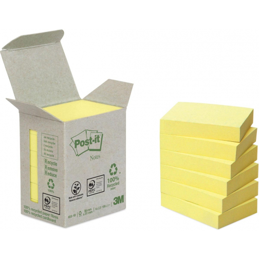 Post-it Recycled notes, 100 feuilles, ft 38 x 51 mm, jaune, paquet de 6 blocs