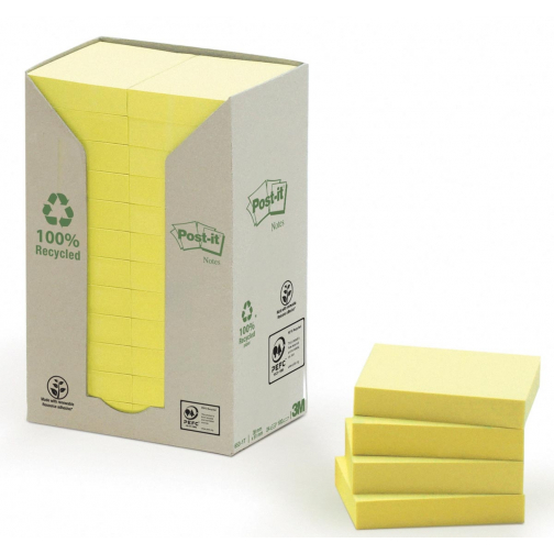 Post-it Recycled notes, 100 feuilles, ft 38 x 51 mm, jaune, paquet de 24 blocs