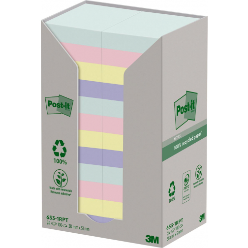 Post-it recycled notes Nature, 100 feuilles, ft 38 x 51 mm, paquet de 24 blocs, couleurs assorties