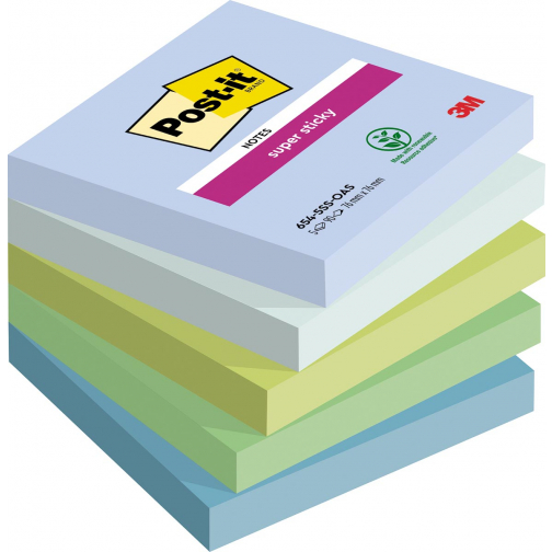 Post-it Super Sticky notes Oasis, 90 feuilles, ft 76 x 76 mm, couleurs assorties, paquet de 5 blocs