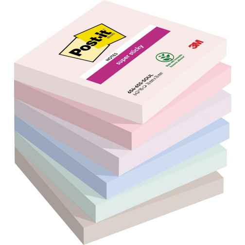 Post-it Super Sticky notes Soulful, 90 feuilles, ft 76 x 76 mm, couleurs assorties, paquet de 6 blocs,