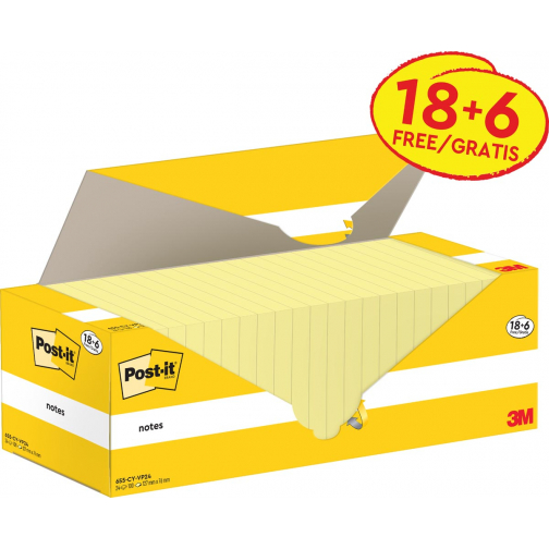 Post-it Notes, 100 feuilles, ft 76 x 127 mm, jaune canari (canary yellow), 18 blocs + 6 GRATUITS