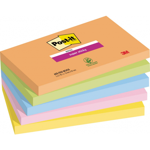 Post-it Super Sticky notes Boost, 90 feuilles, ft 76 x 127 mm, couleurs assorties, paquet de 5 blocs