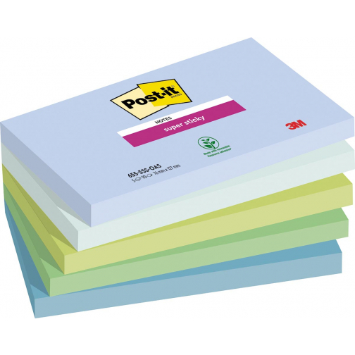 Post-it Super Sticky notes Oasis, 90 feuilles, ft 76 x 127 mm, couleurs assorties, paquet de 5 blocs