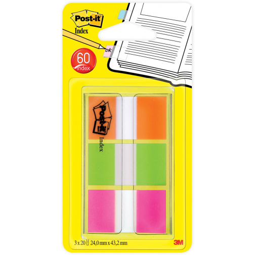 Post-it Index standard, ft 25,4 x 43,2 mm, blister avec 3 couleurs, 20 tabs par couleur