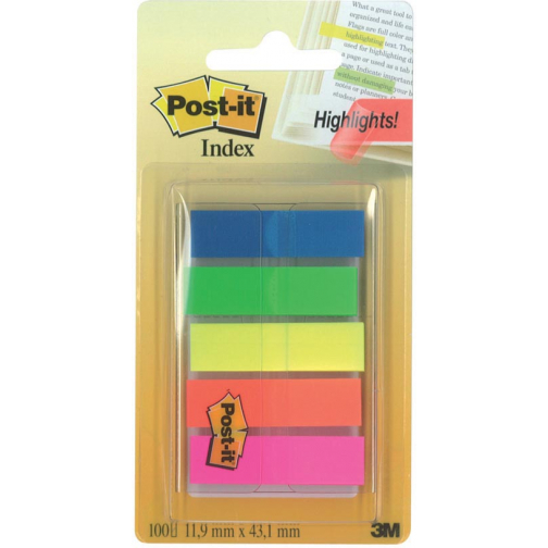 Post-it index translucent, ft 11,9 x 43,2 mm, dévidoir avec 20 onglets en 5 couleurs assorties