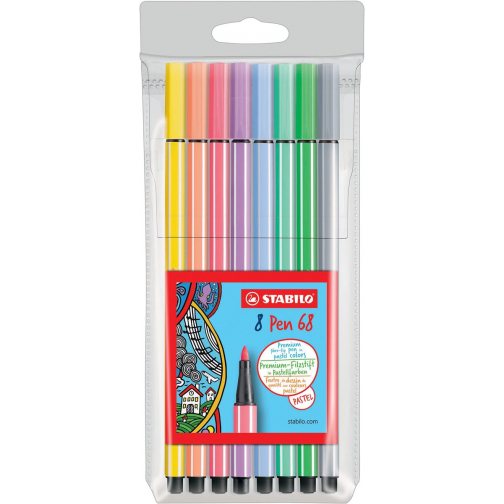 STABILO Pen 68 PastelParade viltstift, étui de 8 pièces en couleurs assorties