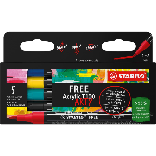 STABILO free marqueur acrylique T300 Urban, pointe ronde, 2-3 mm, couleurs assorties, paquet de 5 pièces