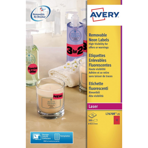 Avery étiquettes néon amovibles diamètre 63,5 mm, boîte de 25 feuilles, 300 pièces, rouge néon