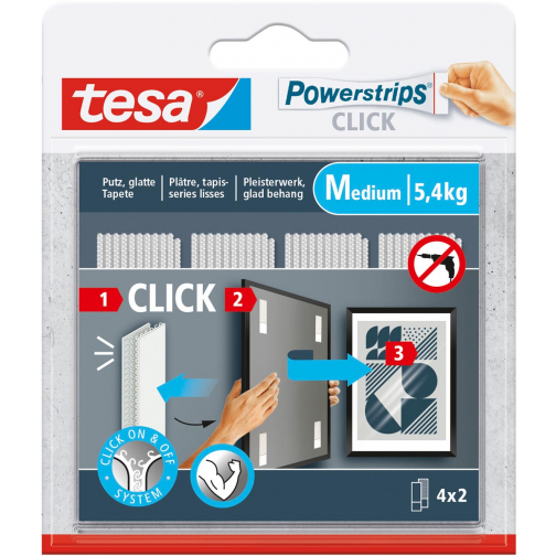 Tesa Powerstrips Click Medium, charge maximum de 1 kg, blister de 2 x 4 pièces