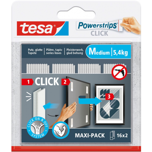 Tesa Powerstrips Click Medium, charge maximum de 1 kg, blister de 2 x 16 pièces
