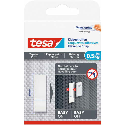 Tesa Languettes adhésives recharge, supporte 0,5 kg, papier peint et plâtre, paquet de 9 pièces