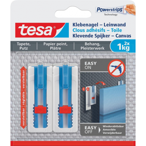 Tesa Clou adhésif Toile, supporte 1 kg, papier peint et plâtre, blanc, 2 clous et 3 languettes